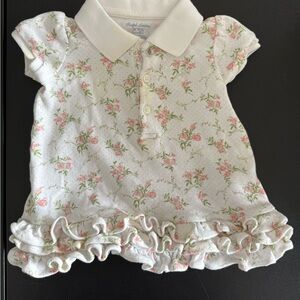 Ralph Lauren White and Pink Floral Polo Top with Ruffled Hem